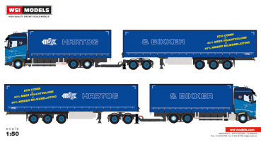WSI Models 01-4483 HARTOG & BIKKER VOLVO FH5 GLOBETROTTER RIGED CURTAINSIDE TRUCK 6X2 TAG AXLE CURTAINSIDE TRAILER - 3 AXLE + DOLLY LOW