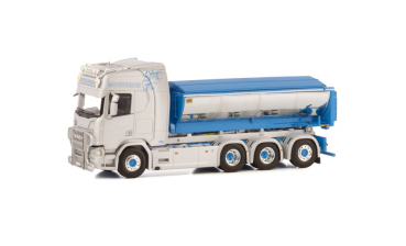 WSI Models 01-4068 THORE MAGNUSSEN SCANIA R HIGHLINE CR20H 8X4 RIGED DRAWBAR TRUCK WITH HOOKLIFT SYSTEM - 3 AXLE + ASPHALT CONTAINER