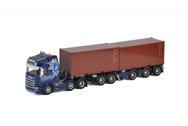 WSI Models 01-2888 Ron Poppelaars SCANIA R HIGHLINE CR20H 6x2 TWIN STEER 2 CONNECT COMBI TRAILER 2+3 AXLE + 2X 20FT CONTAINER