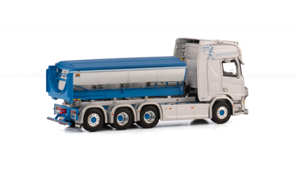 WSI Models 01-4068 THORE MAGNUSSEN SCANIA R HIGHLINE CR20H 8X4 RIGED DRAWBAR TRUCK WITH HOOKLIFT SYSTEM - 3 AXLE + ASPHALT CONTAINER